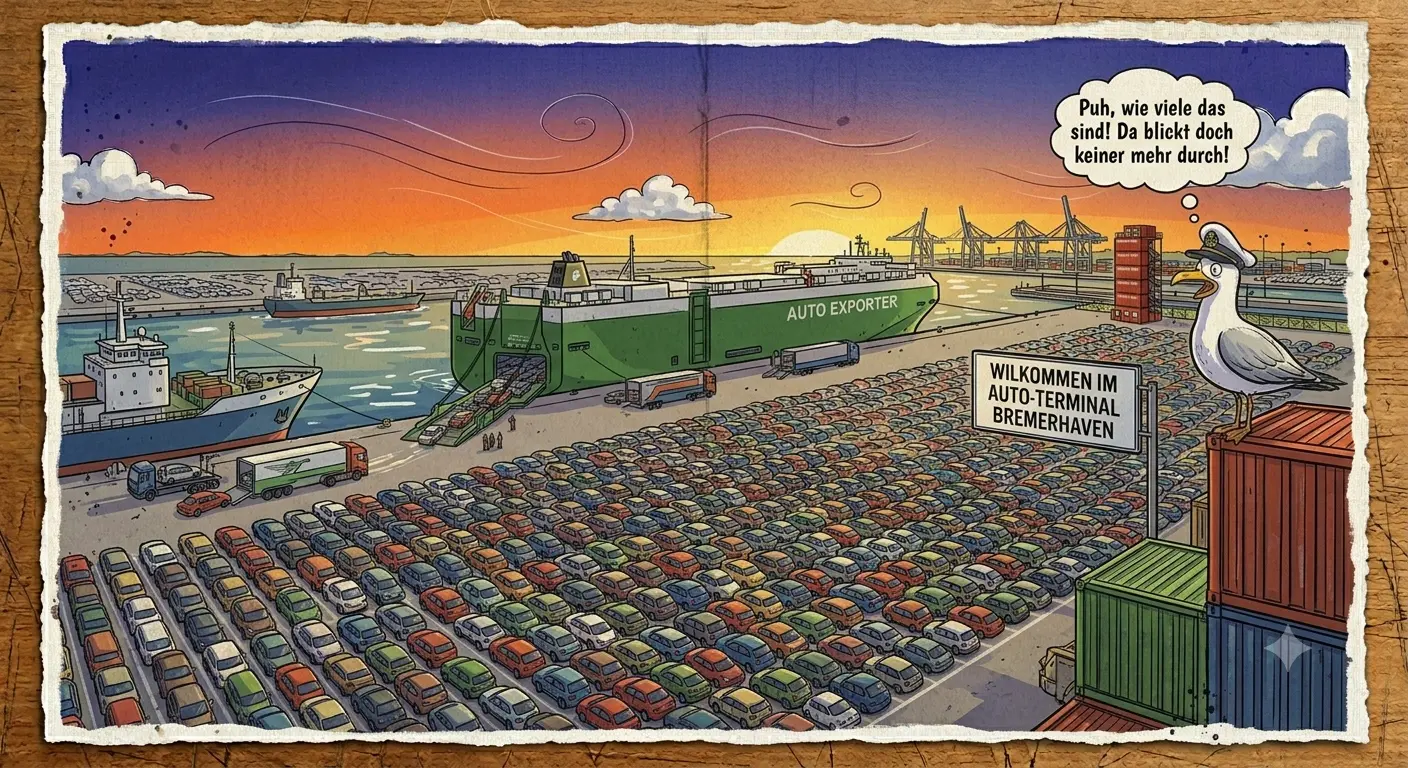 Blick auf das riesige Autoterminal in Bremerhaven