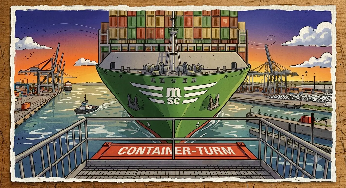 Riesiges Containerschiff vom Turm aus fotografiert