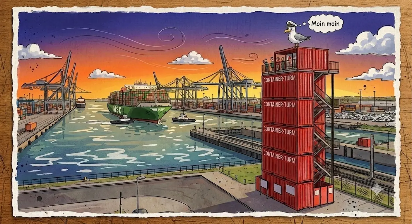 Der rote Container-Aussichtsturm an den Überseehäfen Bremerhaven